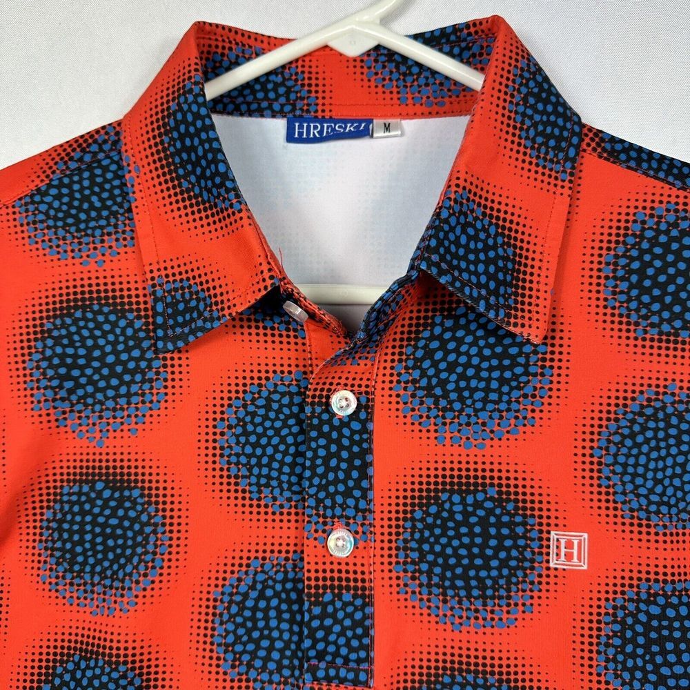 Hreski Polo Golf Shirt Mens Medium Red Blue Geometric Short Sleeve Stretch